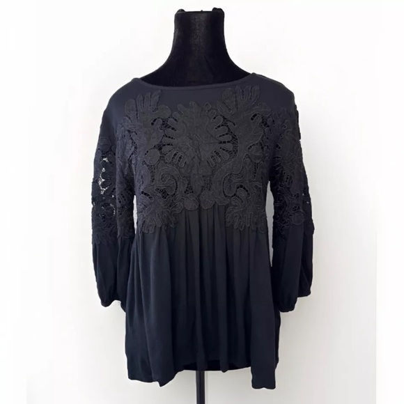 Deletta Crochet Top XS Womens Black Boho Babydoll Flowy Y2K Western Blouse Shirt - Picture 1 of 8